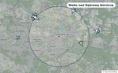 Mapa okolic miasta z sylwetkami samolotów — Niebo nad Dąbrową Górniczą na żywo