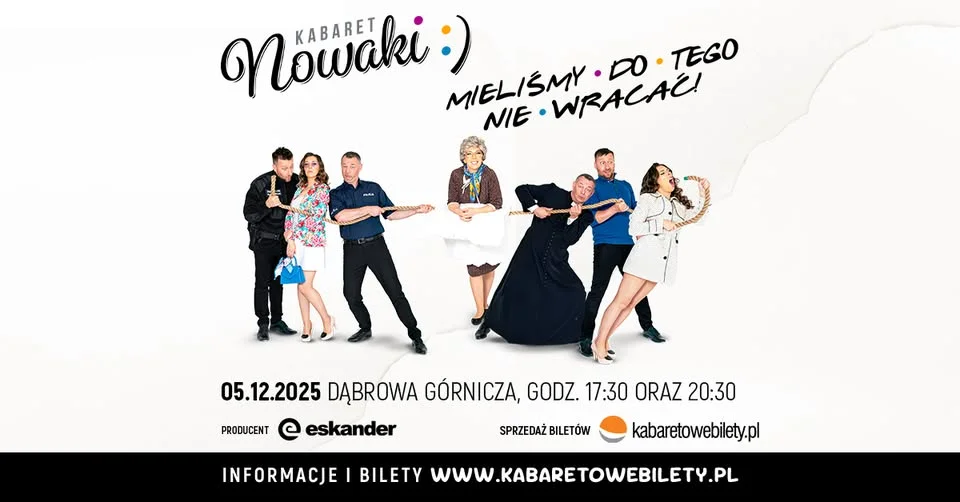 Obrazek przedstawia grafikę promocyjną wydarzenia Kabaret Nowaki wystąpi w Dąbrowie Górniczej w grudniu 2025