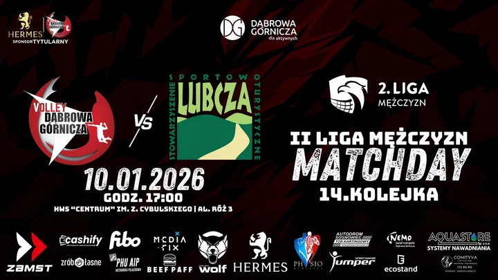 Grafika promocyjna wydarzenia 2 Liga Mężczyzn: Volley Hermes Dąbrowa Górnicza – SST Lubcza Racławówka (14. kolejka)