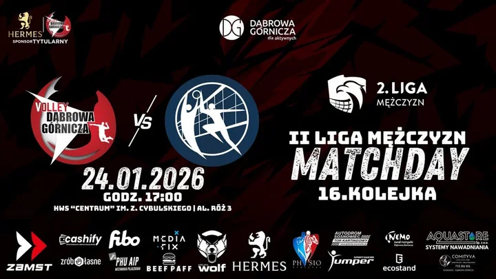 Grafika promocyjna wydarzenia Volley Hermes Dąbrowa Górnicza vs MKS Andrychów — 16. kolejka II Ligi Mężczyzn, 24 stycznia 2026