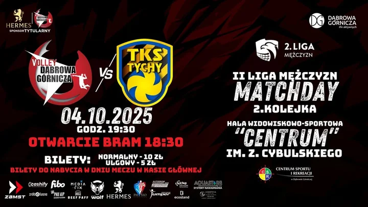 Obrazek przedstawia grafikę promocyjną wydarzenia Mecz II ligi: Volley Hermes Dąbrowa Górnicza – TKS Tychy