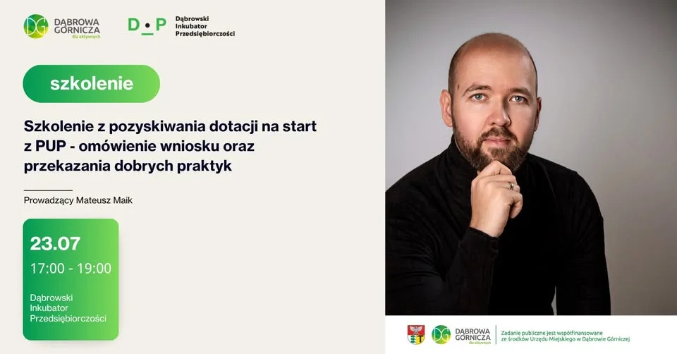 Grafika promocyjna wydarzenia Szkolenie z pozyskiwania dotacji na start z PUP – wniosek
