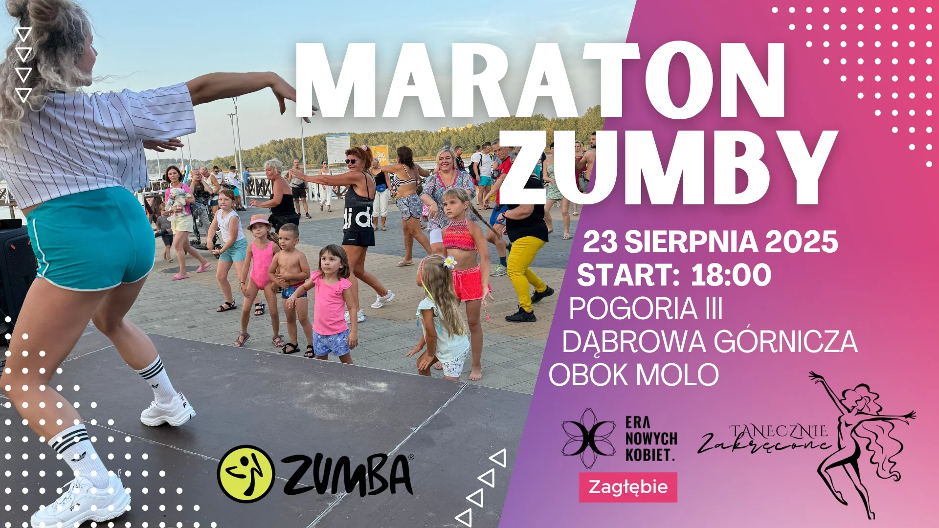 Obrazek przedstawia grafikę promocyjną wydarzenia Maraton Zumby na plaży Pogoria III w Dąbrowie Górniczej