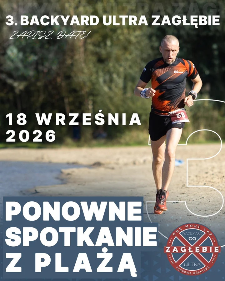 Grafika promocyjna wydarzenia 3. Backyard Ultra Zagłębie w Dąbrowie Górniczej – bieg, w którym liczy się wytrzymałość