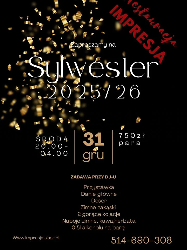 Grafika promocyjna wydarzenia Bal Sylwestrowy Dąbrowa Górnicza (Impresja Mydlice) – Sylwester 2025