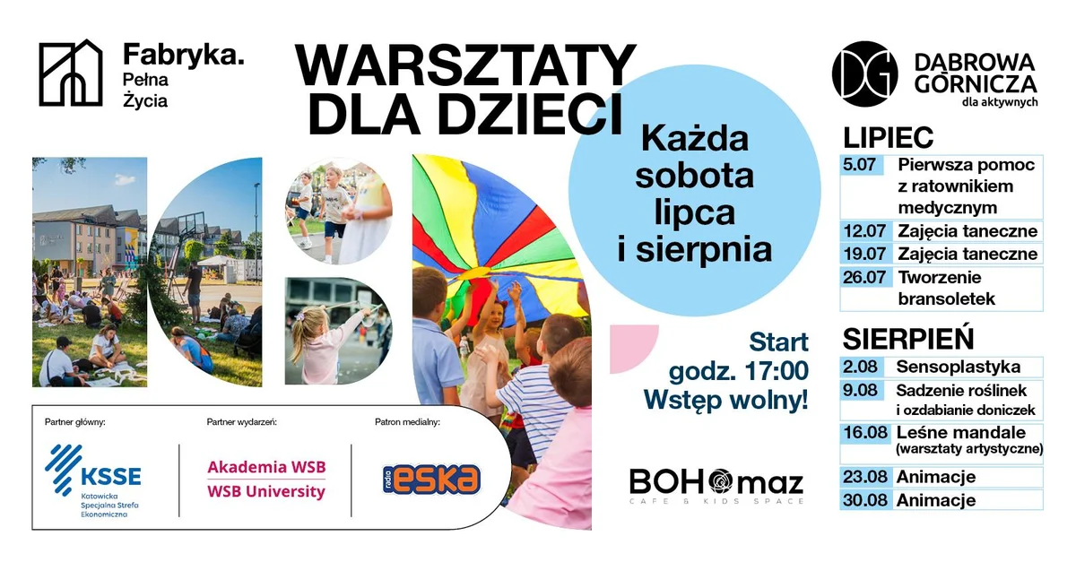 Grafika promocyjna wydarzenia Bezpłatne warsztaty dla dzieci w Fabryce Pełnej Życia
