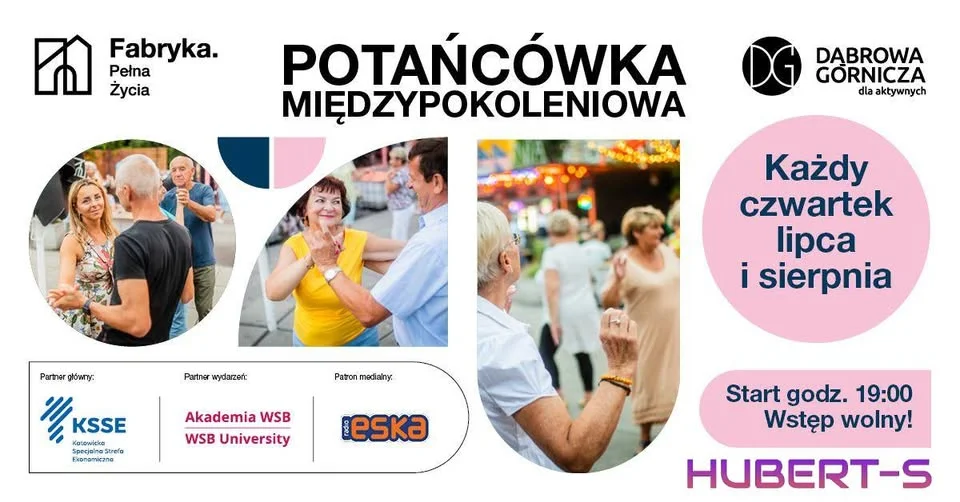 Obrazek przedstawia grafikę promocyjną wydarzenia Regularne potańcówki dla mieszkańców w Fabryce Pełnej Życia