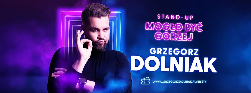 Obrazek przedstawia grafikę promocyjną wydarzenia Stand-up Grzegorza Dolniaka w Dąbrowie Górniczej