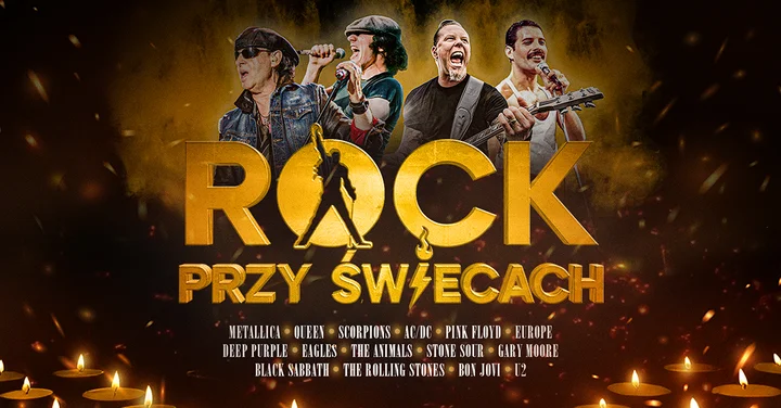 Obrazek przedstawia grafikę promocyjną wydarzenia Koncert rockowy w blasku świec w Dąbrowie Górniczej