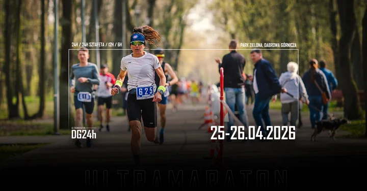Grafika promocyjna wydarzenia DG24h Ultramaraton 2026 — 24 godziny biegu w Parku Zielona