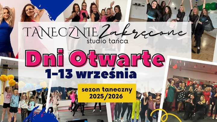 Obrazek przedstawia grafikę promocyjną wydarzenia Dni Otwarte w studio tańca w Dąbrowie Górniczej — bezpłatne wejścia za 10 zł