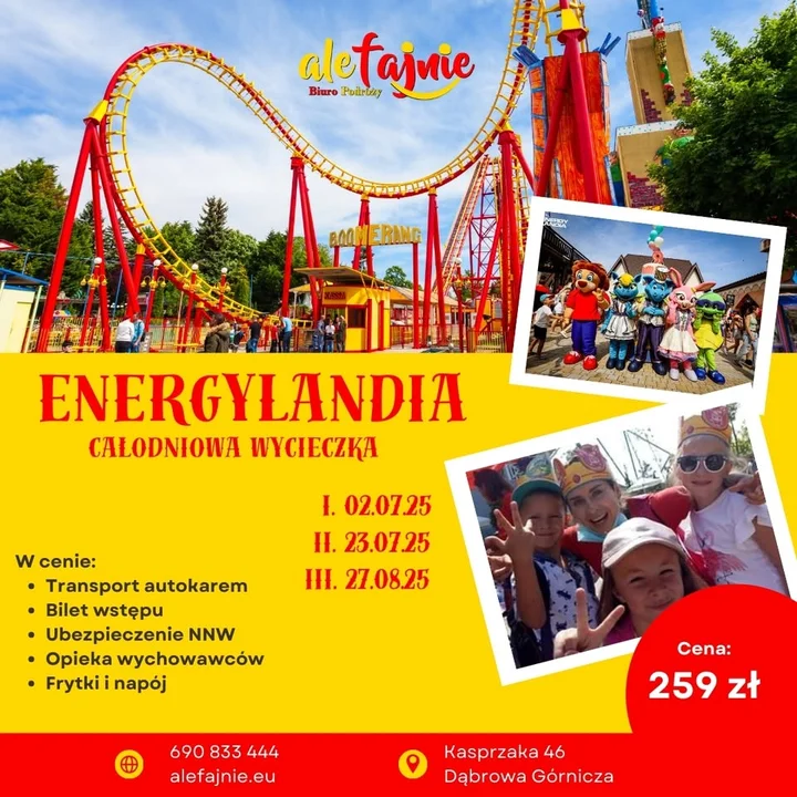 Obrazek przedstawia grafikę promocyjną wydarzenia Całodniowa wycieczka do parku rozrywki Energylandia