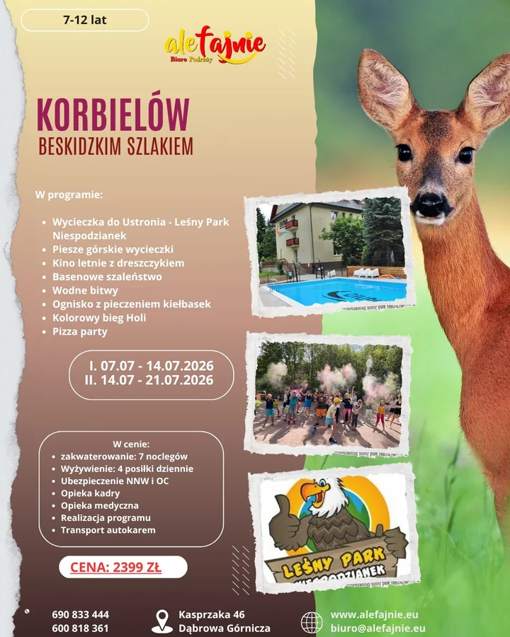 Grafika promocyjna wydarzenia Fajna Kolonia Beskidzkim Szlakiem w Korbielowie — turnus 7–14 lipca 2026