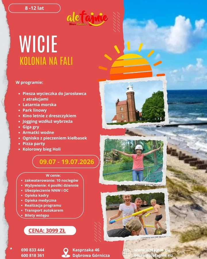 Grafika promocyjna wydarzenia Fajna Kolonia Na Fali w Wiciu — kolonia nad morzem dla dzieci 8–12 lat