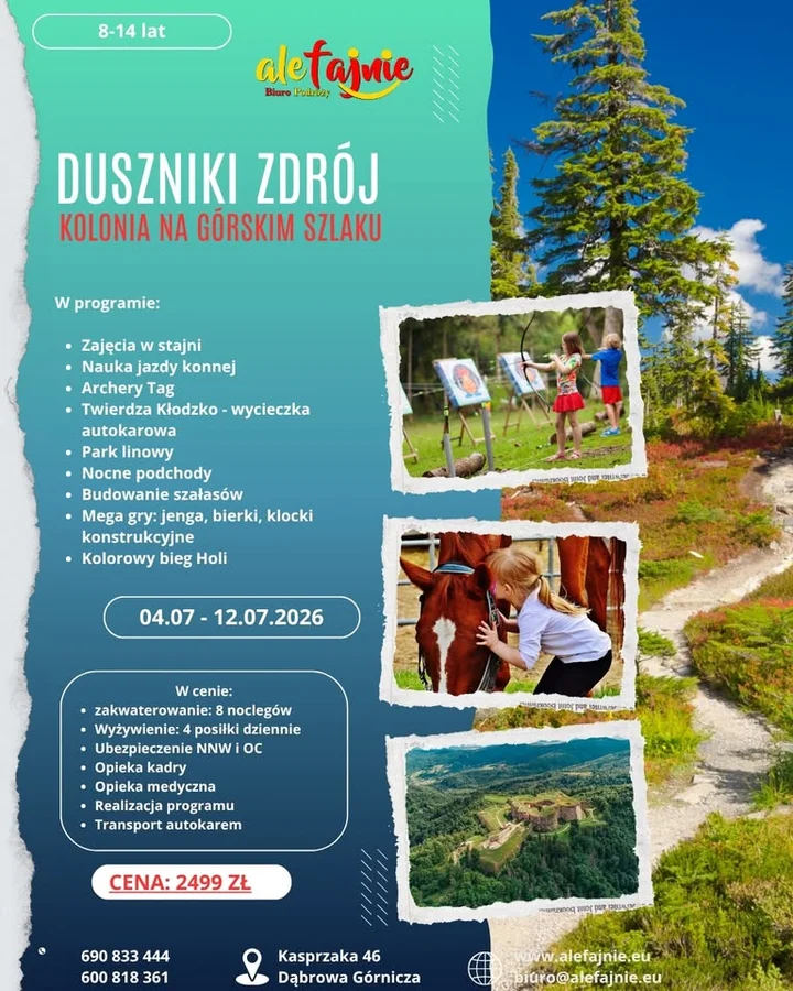Grafika promocyjna wydarzenia Fajna Kolonia na Górskim Szlaku – Duszniki-Zdrój (4–12 lipca 2026)