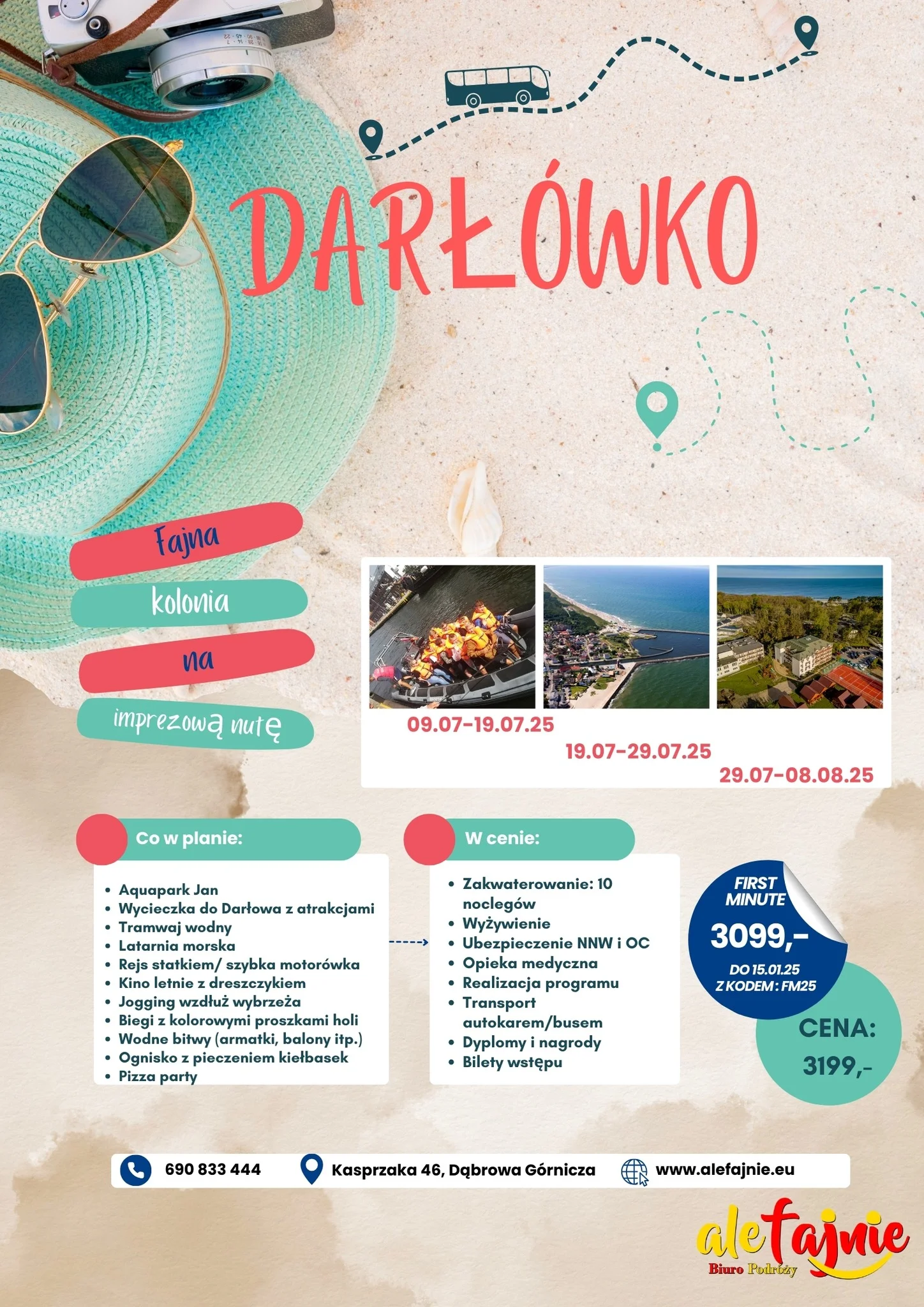 Obrazek przedstawia grafikę promocyjną wydarzenia Letnia kolonia dla dzieci w Darłówku z bogatym programem atrakcji
