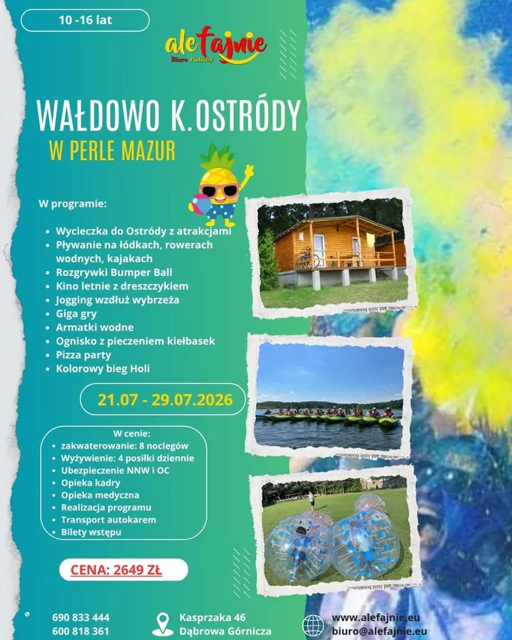 Grafika promocyjna wydarzenia Fajna Kolonia w Perle Mazur – Wałdowo k. Ostródy