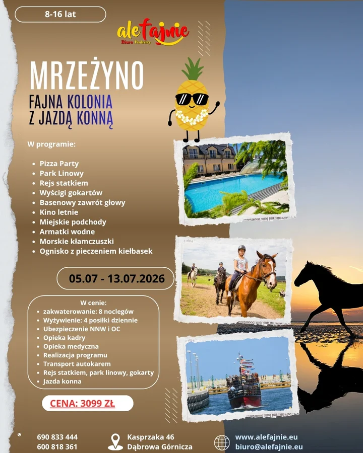 Grafika promocyjna wydarzenia Fajna Kolonia z jazdą konną — Mrzeżyno (5–13 lipca 2026)