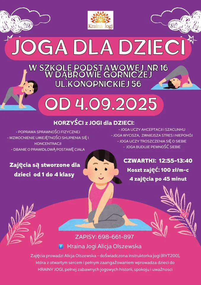 Obrazek przedstawia grafikę promocyjną wydarzenia Regularne zajęcia jogi dla dzieci klas 1–4 w SP16