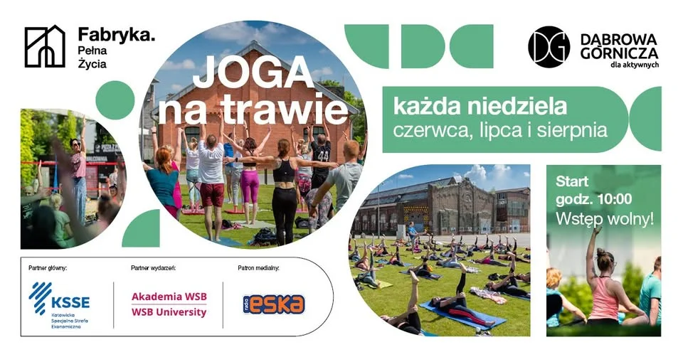Obrazek przedstawia grafikę promocyjną wydarzenia Regularne zajęcia jogi na świeżym powietrzu w Dąbrowie Górniczej