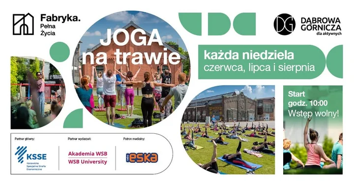 Obrazek przedstawia grafikę promocyjną wydarzenia Poranna joga na łące — cykliczne zajęcia w Dąbrowie Górniczej