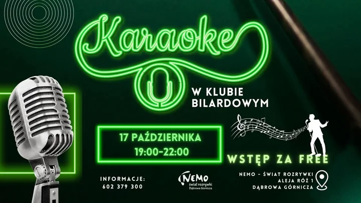 Obrazek przedstawia grafikę promocyjną wydarzenia Wieczór karaoke w Klubie Bilardowym Nemo