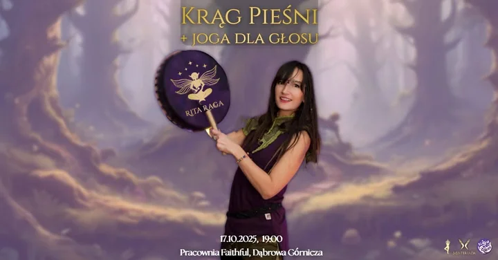 Obrazek przedstawia grafikę promocyjną wydarzenia Krąg wspólnego śpiewu i praktyka oddechu z jogą głosu w Dąbrowie Górniczej