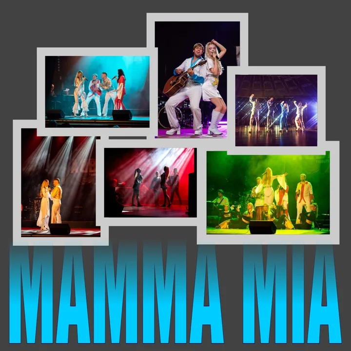 Obrazek przedstawia grafikę promocyjną wydarzenia Tribute show MAMMA MIA w Pałacu Kultury Zagłębia