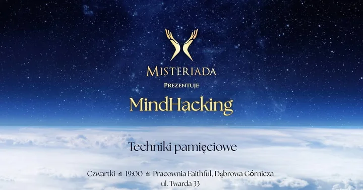Grafika promocyjna wydarzenia Mind hacking, czyli techniki pamięciowe w akcji — warsztat w Dąbrowie Górniczej