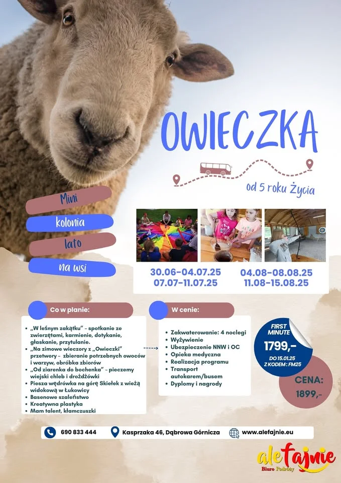 Obrazek przedstawia grafikę promocyjną wydarzenia Lato na wsi dla dzieci w wieku 5-10 lat – Mini Kolonia Owieczka