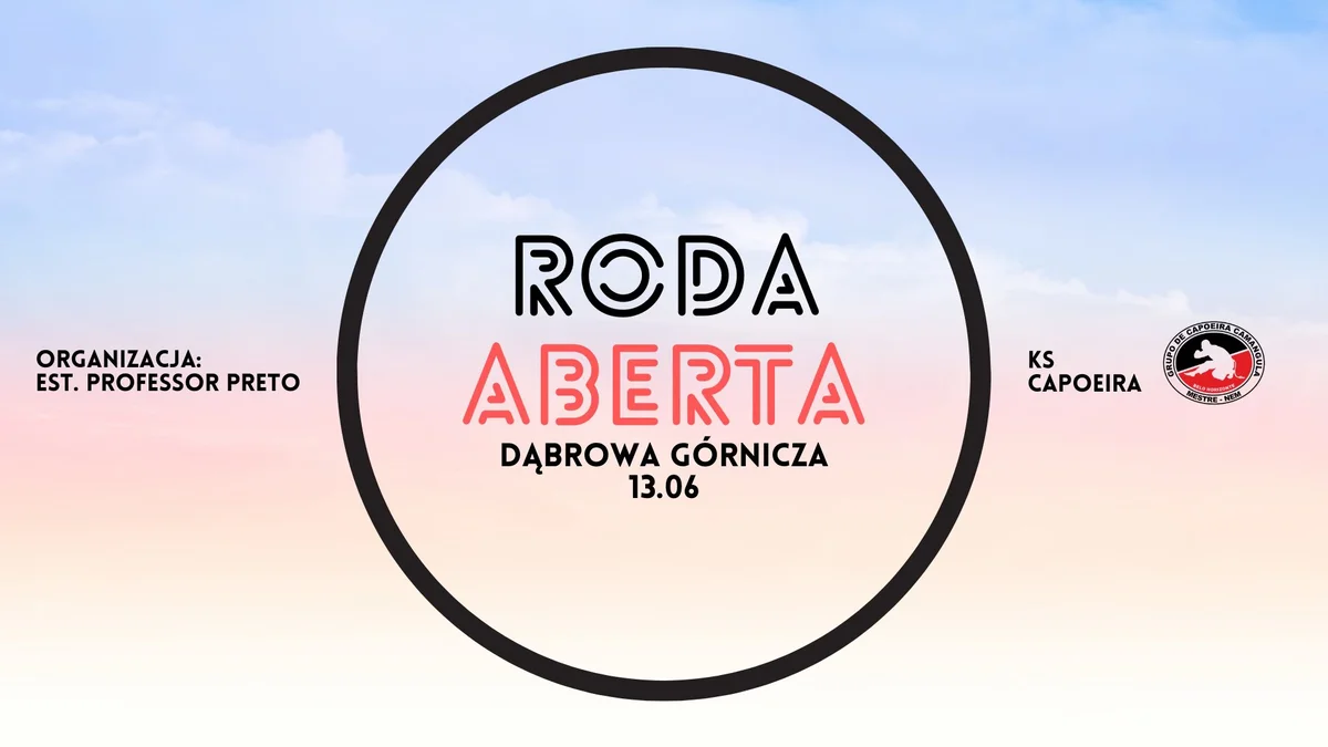 Grafika promocyjna wydarzenia Otwarte spotkanie Capoeira w Dąbrowie Górniczej w czerwcu 2025