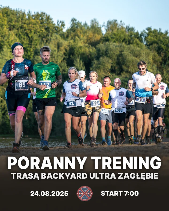 Obrazek przedstawia grafikę promocyjną wydarzenia Poranny trening trasą Backyard Ultra nad Pogorią