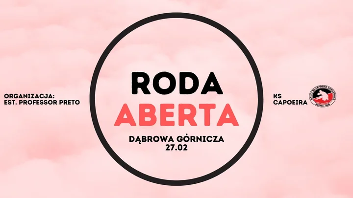 Grafika promocyjna wydarzenia RODA ABERTA – Capoeira w Dąbrowie Górniczej, 27 lutego 2026