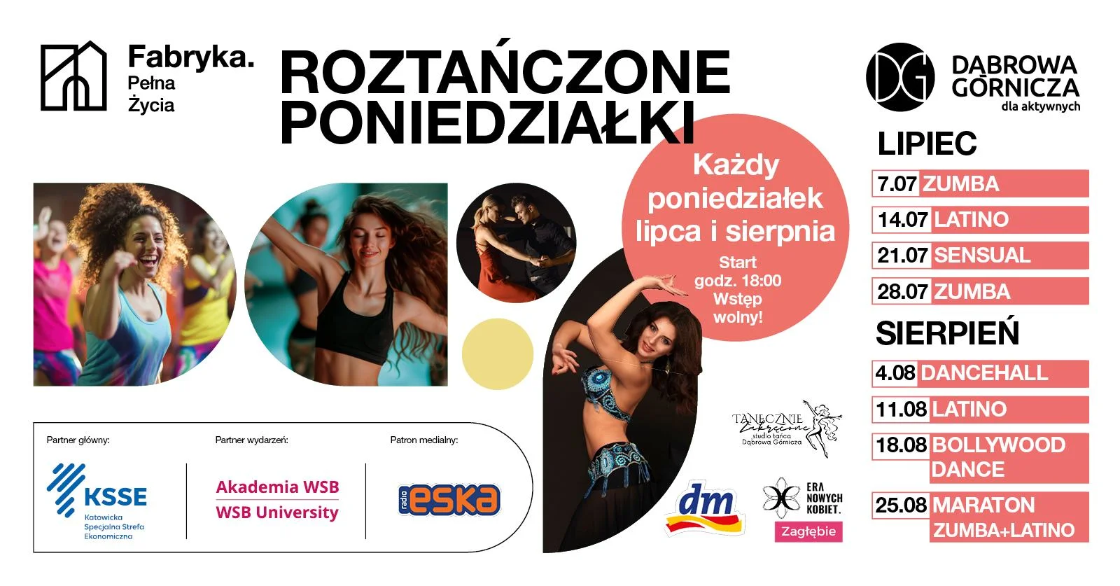 Obrazek przedstawia grafikę promocyjną wydarzenia Warsztaty taneczne w Dąbrowie Górniczej podczas letnich poniedziałków