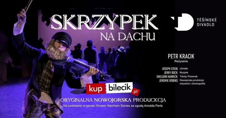 Grafika promocyjna wydarzenia „Skrzypek na dachu” w Dąbrowie Górniczej. Musical w Pałacu Kultury Zagłębia