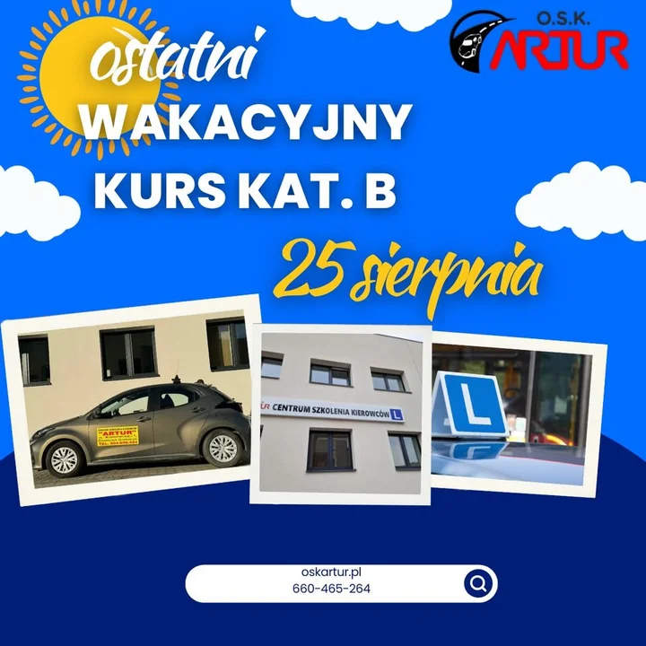 Obrazek przedstawia grafikę promocyjną wydarzenia Letni kurs prawa jazdy kat. B — start 25 sierpnia 2025