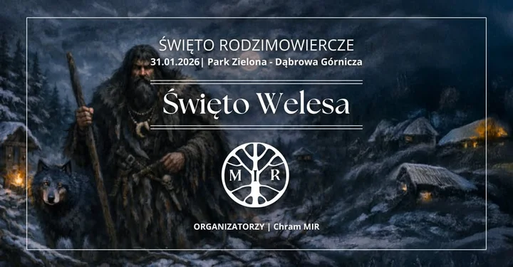 Grafika promocyjna wydarzenia Święto Welesa — zimowe obrzędy przy świętym ogniu w Dąbrowie Górniczej