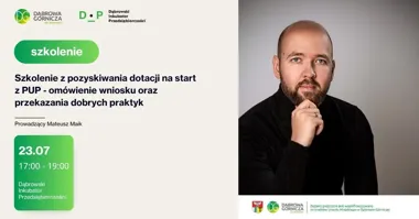 Grafika promocyjna wydarzenia Szkolenie z pozyskiwania dotacji na start z PUP – wniosek