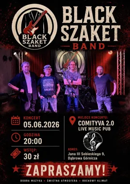 Grafika promocyjna wydarzenia Black Szaket Band na żywo w Dąbrowie Górniczej – rockowy wieczór 5 czerwca