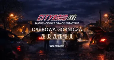 Grafika promocyjna wydarzenia CITYRAID Dąbrowa Górnicza — samochodowa gra orientacyjna z nagrodami
