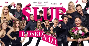 Obrazek przedstawia grafikę promocyjną wydarzenia Komedia „Ślub doskonały” — spektakl pełen humoru i dylematów miłosnych