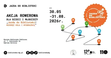 Grafika promocyjna wydarzenia Jazda do Biblioteki! - LIPIEC w Dąbrowie Górniczej. Rower, książki i wakacyjna trasa po mieście
