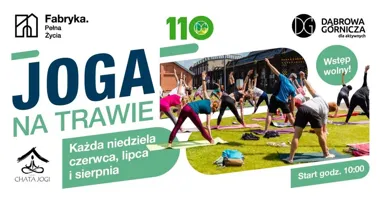 Grafika promocyjna wydarzenia Joga na Trawie w Fabryce Pełnej Życia – bezpłatne zajęcia w plenerze