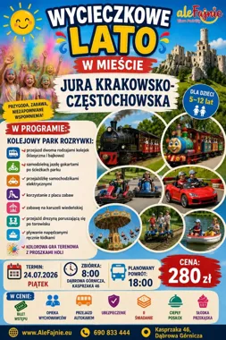 Grafika promocyjna wydarzenia Kolejowy Park Rozrywki – letnia wycieczka