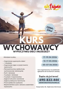 Grafika promocyjna wydarzenia KURS WYCHOWAWCY WYPOCZYNKU DZIECI I MŁODZIEŻY