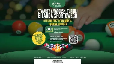 Grafika promocyjna wydarzenia Otwarty Amatorski Turniej Bilarda Sportowego o Puchar Prezydenta Miasta Dąbrowa Górnicza w Nemo