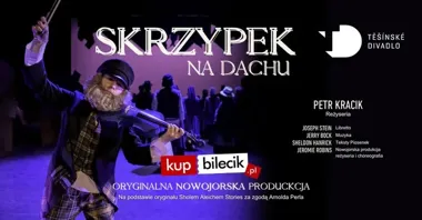 Grafika promocyjna wydarzenia Skrzypek na Dachu w Pałacu Kultury Zagłębia — musical z ponad 30 aktorami