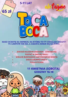 Grafika promocyjna wydarzenia TOCA BOCA PARTY — zabawa dla małych fanów kolorowych światów