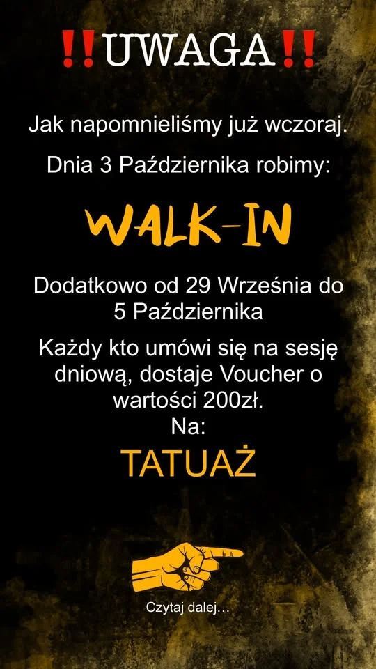 Obrazek przedstawia grafikę promocyjną wydarzenia Urodzinowy Walk-in w studiu tatuażu w Dąbrowie Górniczej