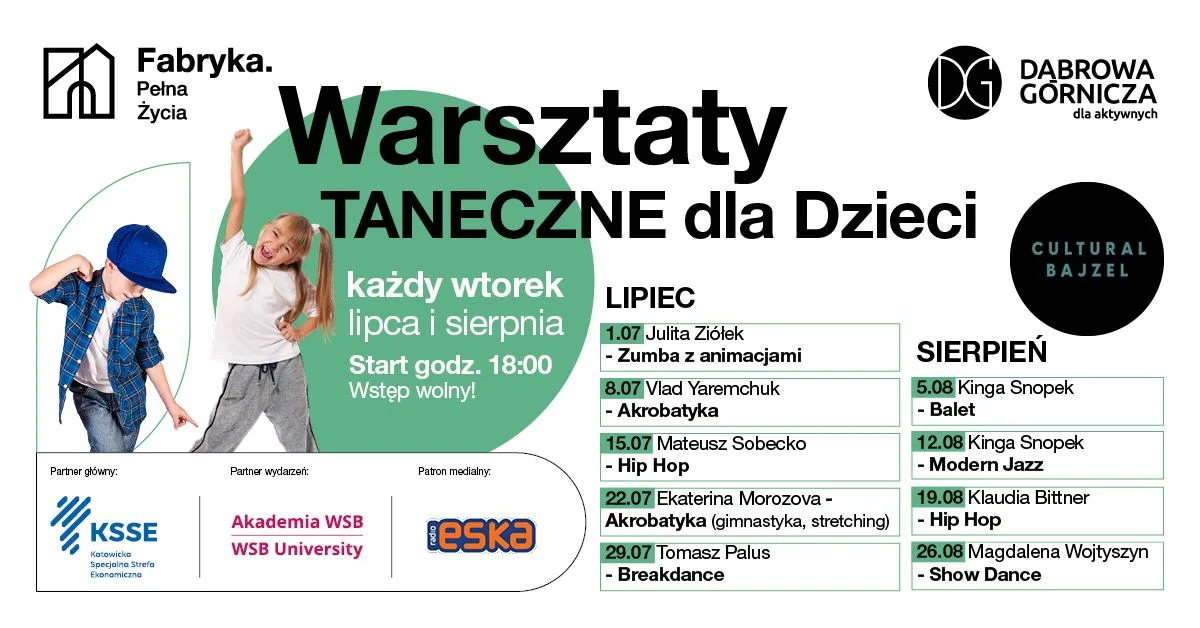 Obrazek przedstawia grafikę promocyjną wydarzenia Bezpłatne warsztaty taneczne dla dzieci w Dąbrowie Górniczej